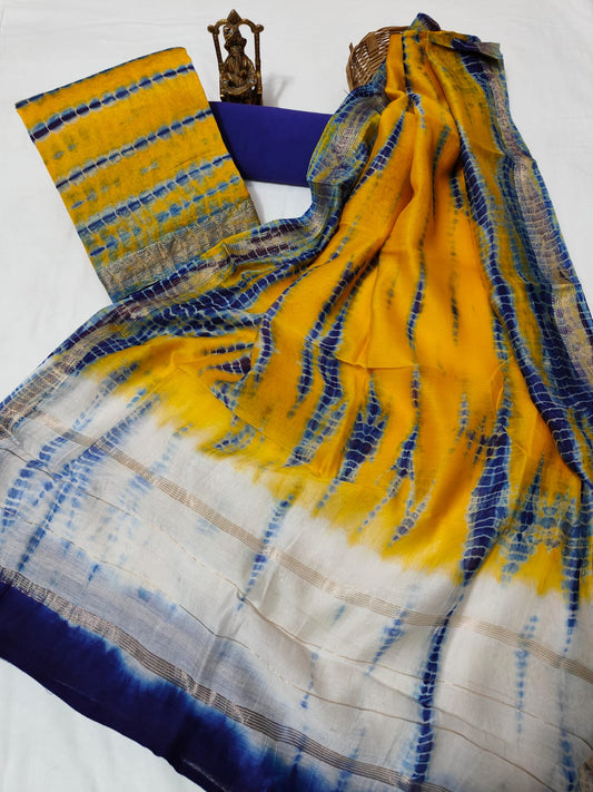 Hand block printed Maheshwari Silk zari border border silk  Suits  Set with Duppatta
