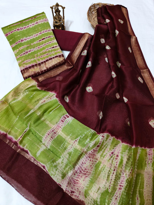 Hand block printed Maheshwari Silk zari border border silk  Suits  Set with Duppatta