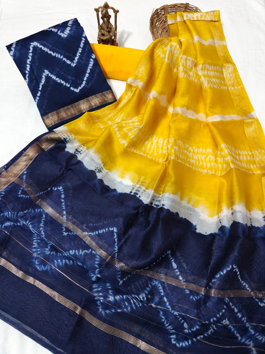 Hand block printed Maheshwari Silk zari border border silk  Suits  Set with Duppatta