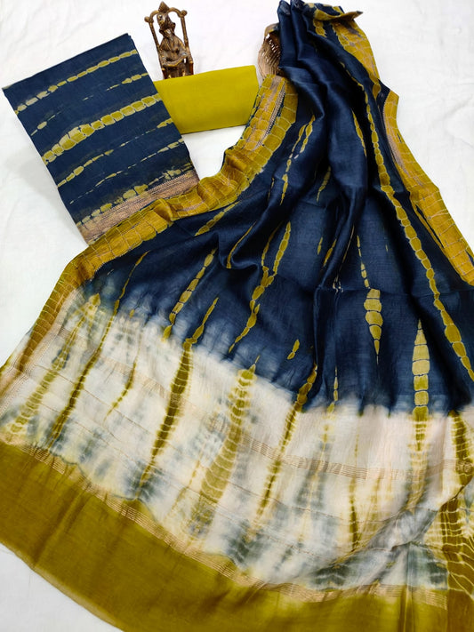 Hand block printed Maheshwari Silk zari border  border silk  Suits  Set with Duppatta