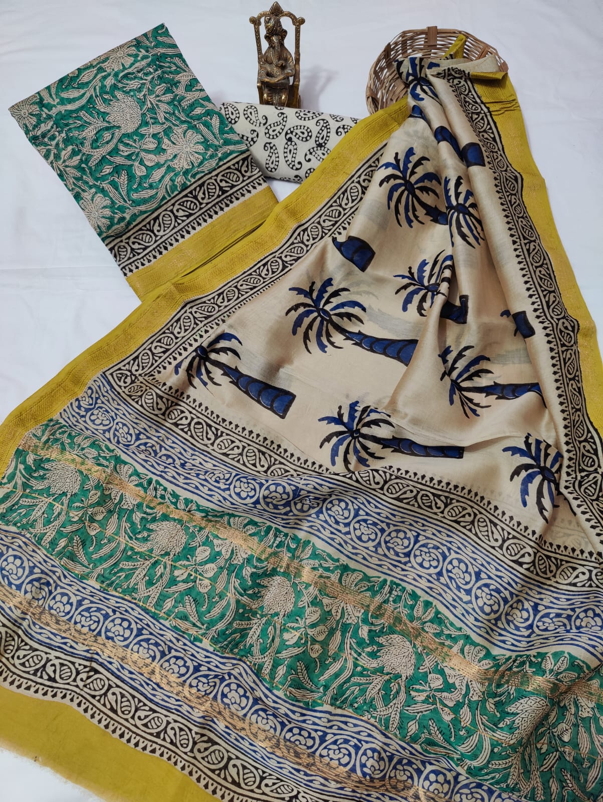 Hand block printed Maheshwari Silk zari border border silk  Suits  Set with Duppatta