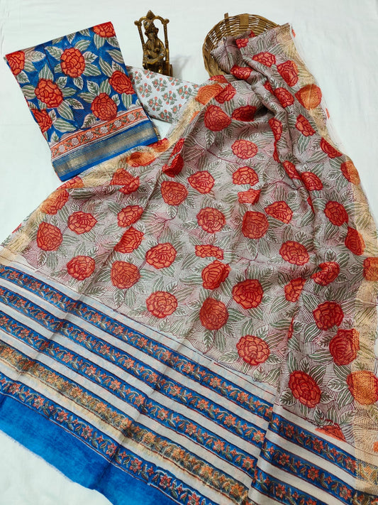 Hand block printed Maheshwari Silk zari border border silk  Suits  Set with Duppatta