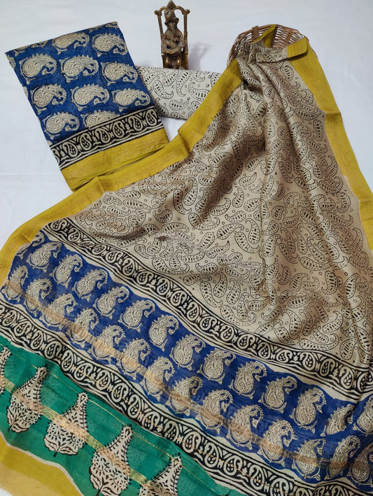 Hand block printed Maheshwari Silk zari border border silk  Suits  Set with Duppatta