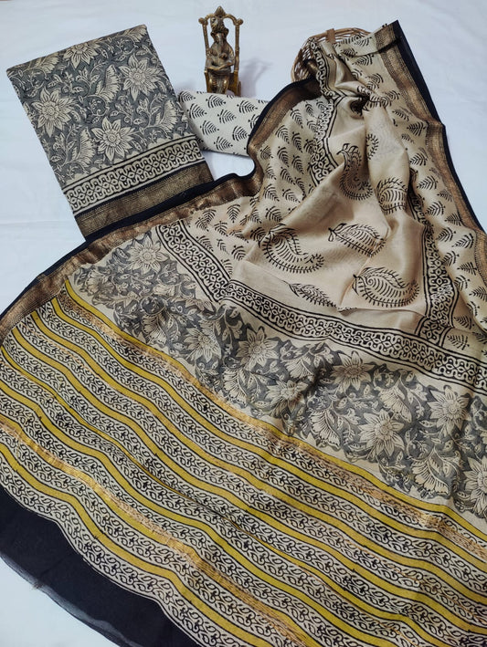 Hand block printed Maheshwari Silk zari border border silk  Suits  Set with Duppatta