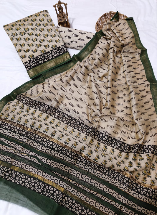 Hand block printed Maheshwari Silk zari border border silk  Suits  Set with Duppatta