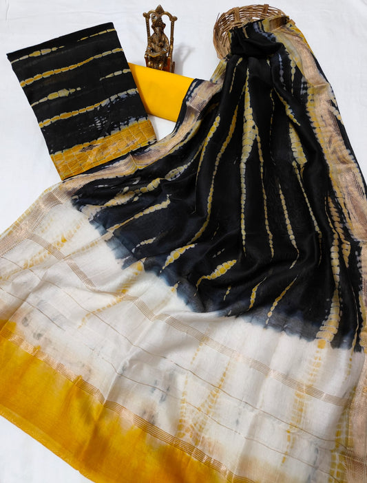 Hand block printed Maheshwari Silk zari border border silk  Suits  Set with Duppatta
