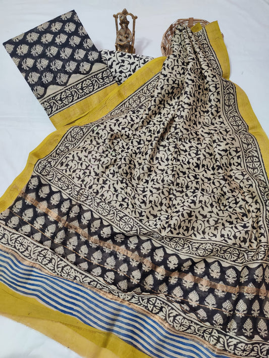 Hand block printed Maheshwari Silk zari border border silk  Suits  Set with Duppatta