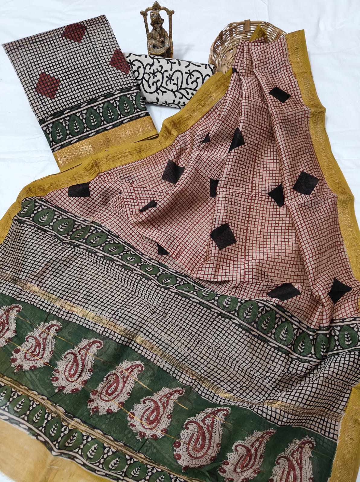 Hand block printed Maheshwari Silk zari border border silk  Suits  Set with Duppatta