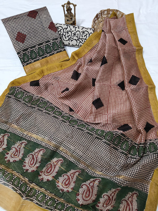 Hand block printed Maheshwari Silk zari border border silk  Suits  Set with Duppatta