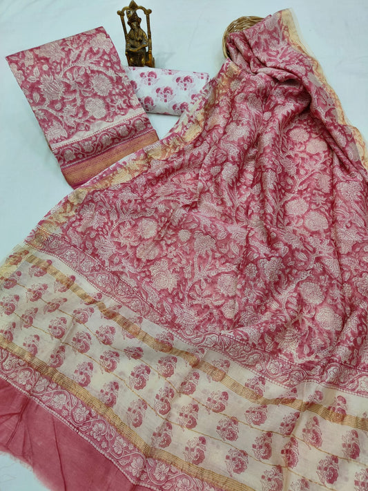 Hand block printed Maheshwari Silk zari border / Geecha border silk  Suits  Set with Duppatta