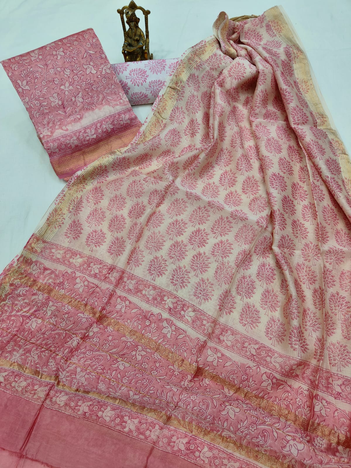 Hand block printed Maheshwari Silk zari border  border silk  Suits  Set with Duppatta