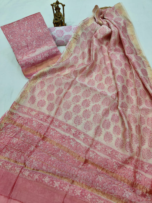 Hand block printed Maheshwari Silk zari border  border silk  Suits  Set with Duppatta