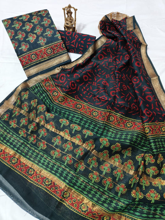 Hand block printed Maheshwari Silk zari border / Geecha border silk  Suits  Set with Duppatta