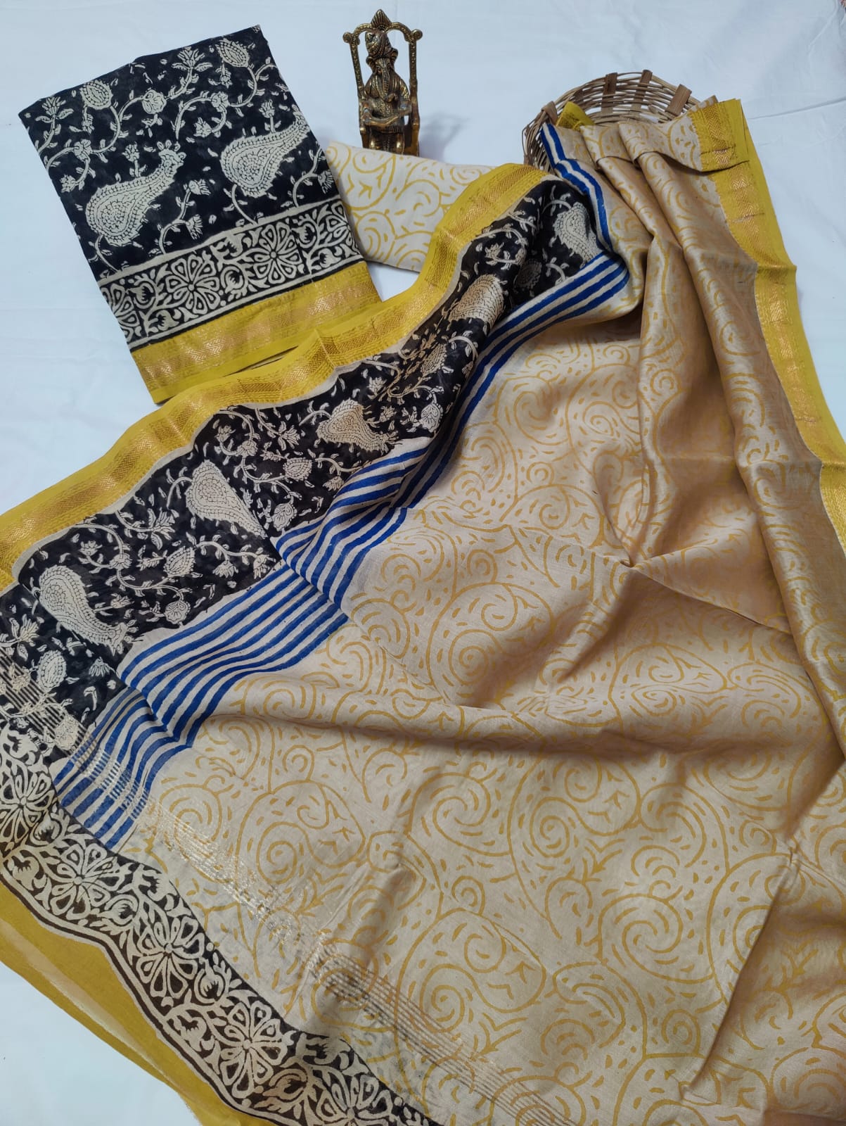 Hand block printed Maheshwari Silk zari border border silk  Suits  Set with Duppatta