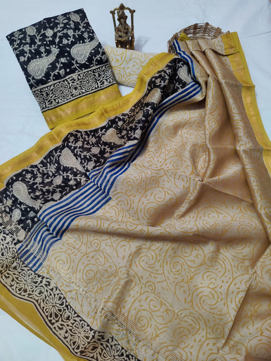 Hand block printed Maheshwari Silk zari border / Geecha border silk  Suits  Set with Duppatta