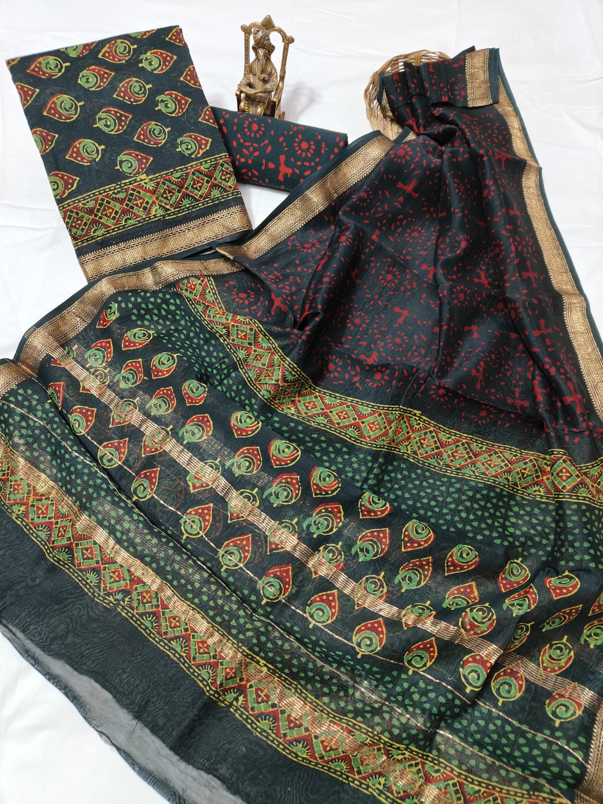 Hand block printed Maheshwari Silk zari border border silk  Suits  Set with Duppatta