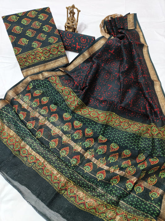 Hand block printed Maheshwari Silk zari border / Geecha border silk  Suits  Set with Duppatta