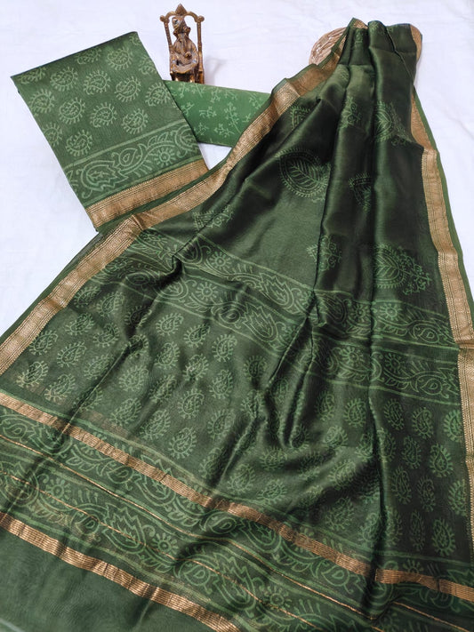 Hand block printed Maheshwari Silk zari border / Geecha border silk  Suits  Set with Duppatta