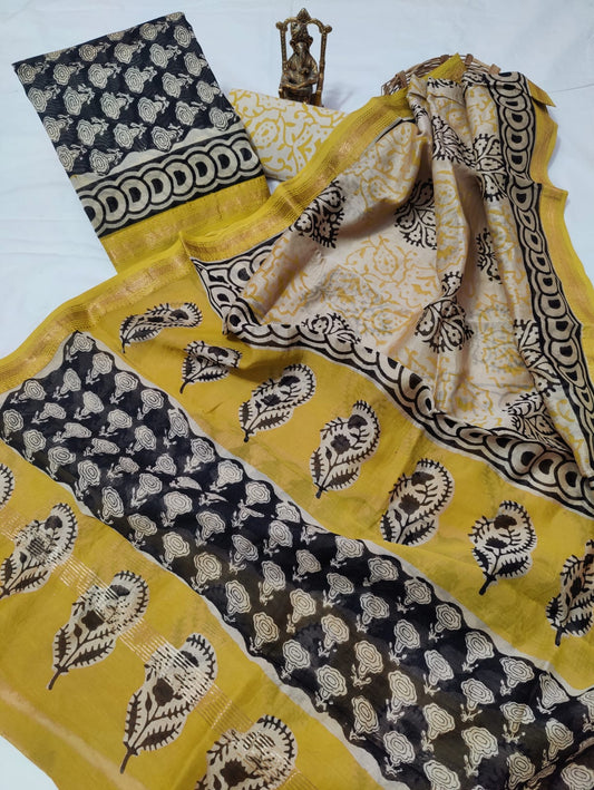 Hand block printed Maheshwari Silk zari border / Geecha border silk  Suits  Set with Duppatta