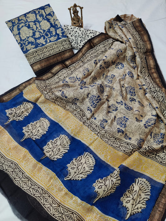 Hand block printed Maheshwari Silk zari border / Geecha border silk  Suits  Set with Duppatta