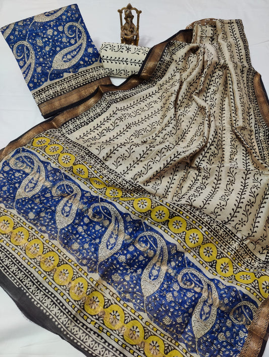 Hand block printed Maheshwari Silk zari border / Geecha border silk  Suits  Set with Duppatta