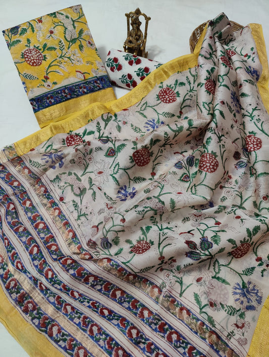 Hand block printed Maheshwari Silk zari border / Geecha border silk  Suits  Set with Duppatta