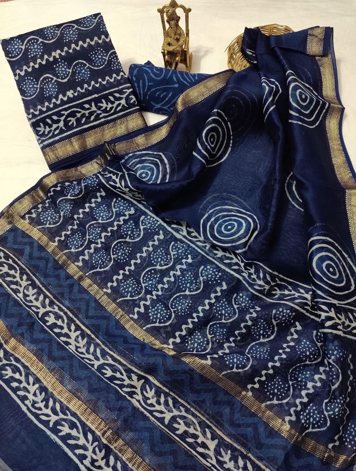 Hand block printed Maheshwari Silk zari border border silk  Suits  Set with Duppatta