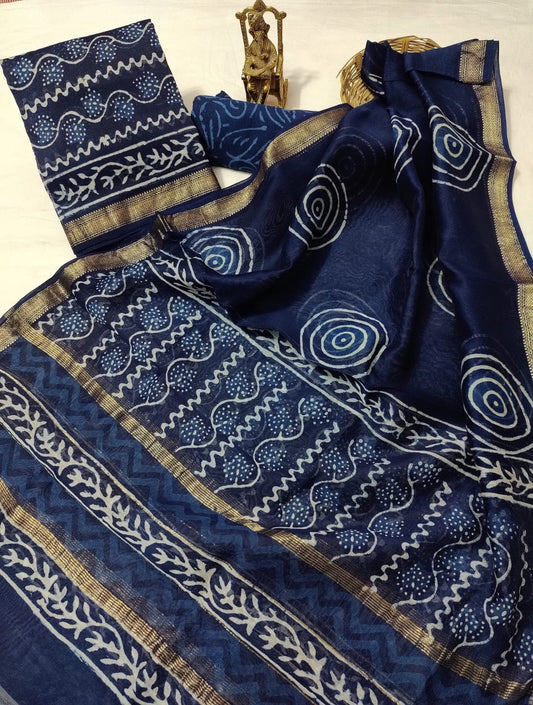 Hand block printed Maheshwari Silk zari border / Geecha border silk  Suits  Set with Duppatta