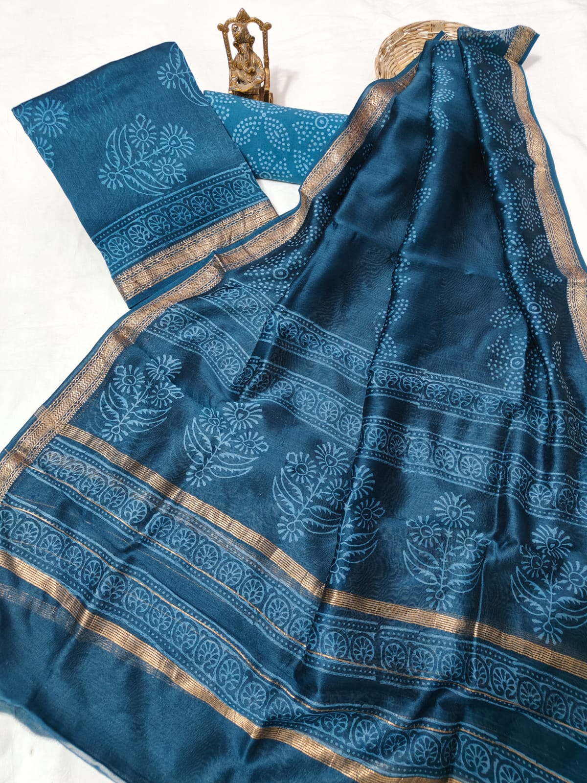 Hand block printed Maheshwari Silk zari border border silk  Suits  Set with Duppatta