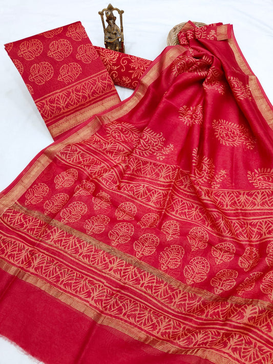 Hand block printed Maheshwari Silk zari border  border silk  Suits  Set with Duppatta