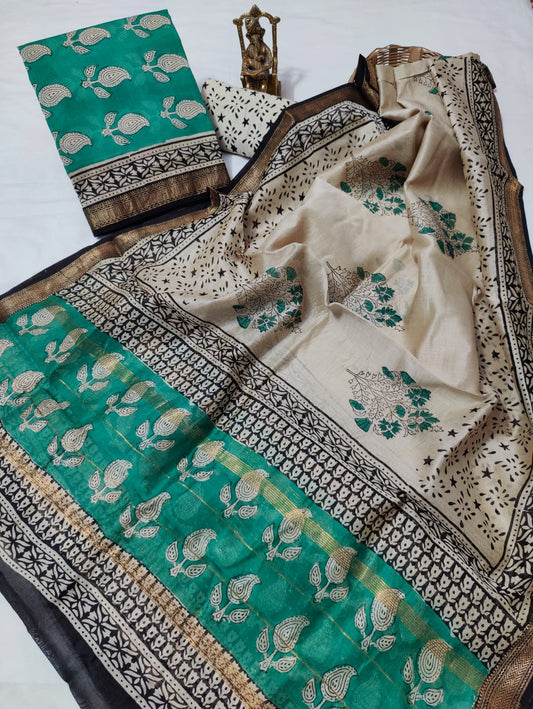 Hand block printed Maheshwari Silk zari border / Geecha border silk  Suits  Set with Duppatta