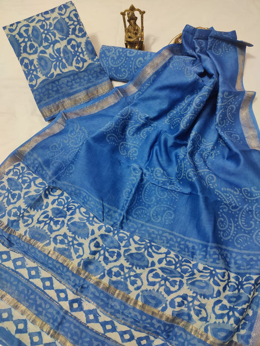 Hand block printed Maheshwari Silk zari border / Geecha border silk  Suits  Set with Duppatta