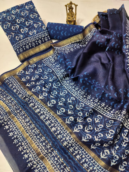 Hand block printed Maheshwari Silk zari border / Geecha border silk  Suits  Set with Duppatta