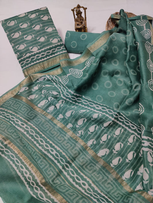 Hand block printed Maheshwari Silk zari border / Geecha border silk  Suits  Set with Duppatta