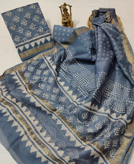 Hand block printed Maheshwari Silk zari border / Geecha border silk  Suits  Set with Duppatta