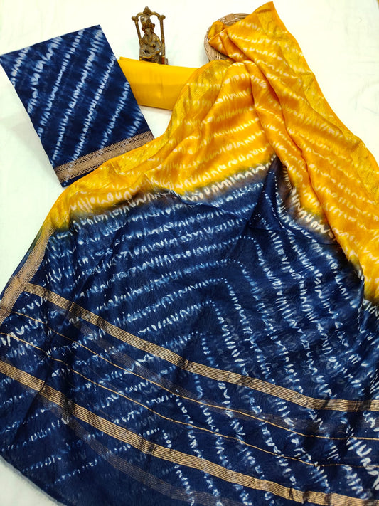 Hand block printed Maheshwari Silk zari border  border silk  Suits  Set with Duppatta