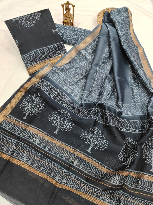 Hand block printed Maheshwari Silk zari border  border silk  Suits  Set with Duppatta