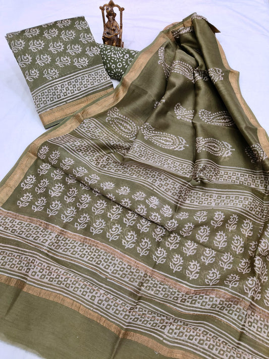 Hand block printed Maheshwari Silk zari border  border silk  Suits  Set with Duppatta