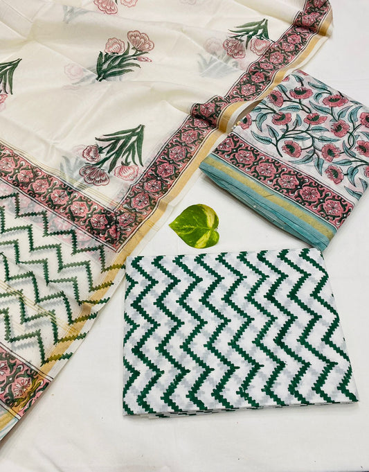 Hand Block printed Pure Chanderi Silk Suit Set