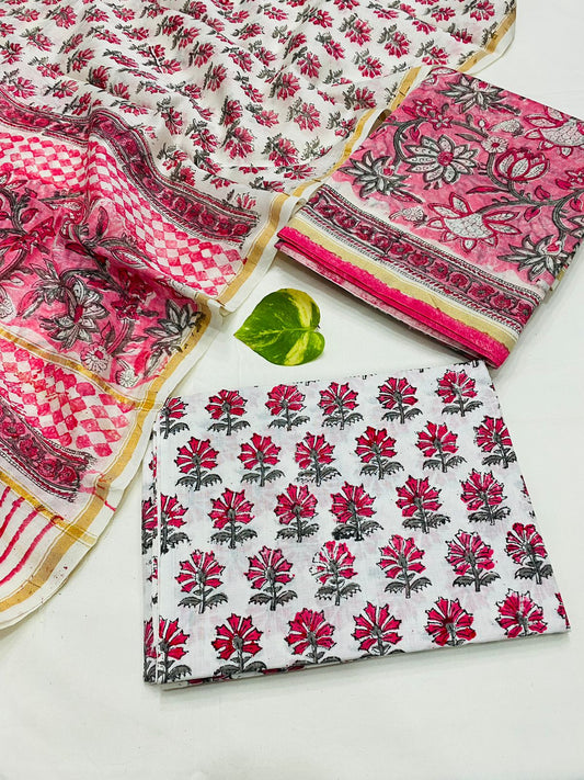 Hand Block printed Pure Chanderi Silk Suit Set