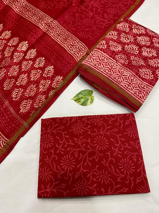 Hand Block printed Pure Chanderi Silk Suit Set