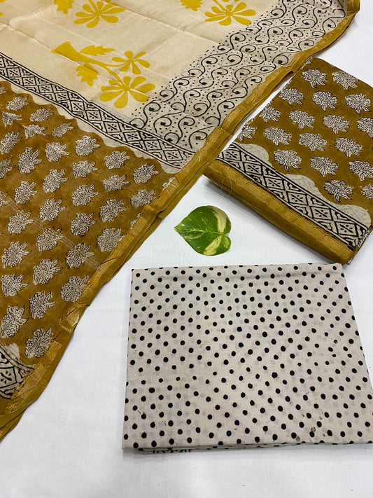Hand Block printed Pure Chanderi Silk Suit Set