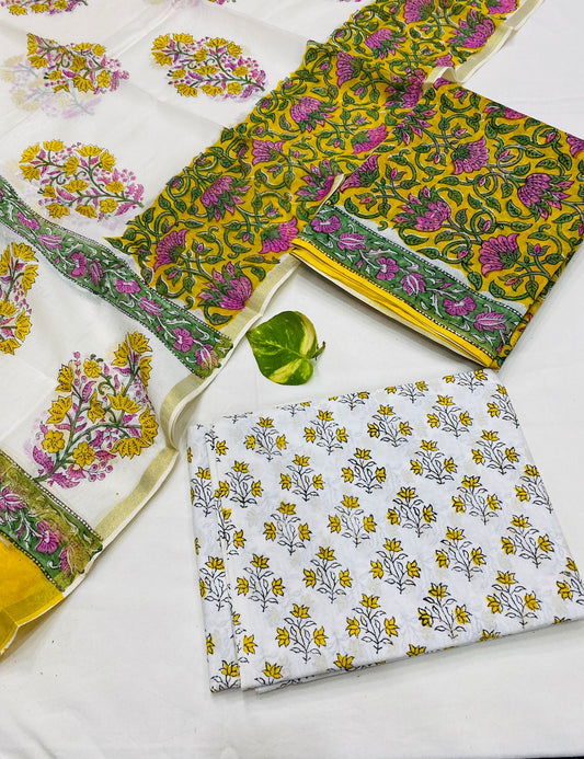 Hand Block printed Pure Chanderi Silk Suit Set