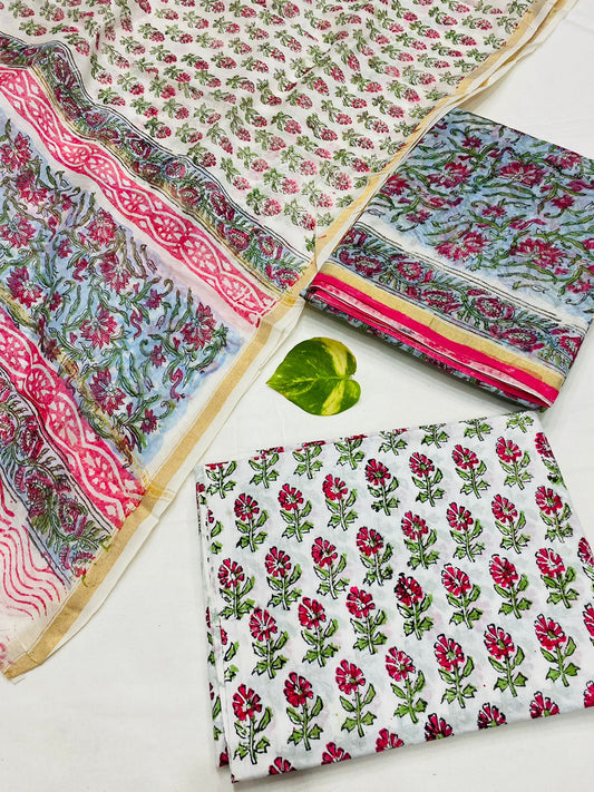 Hand Block printed Pure Chanderi Silk Suit Set