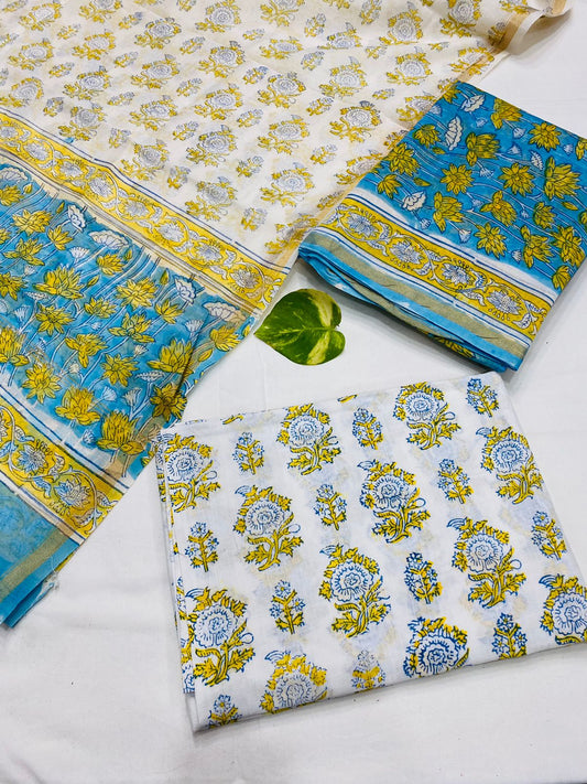 Hand Block printed Pure Chanderi Silk Suit Set