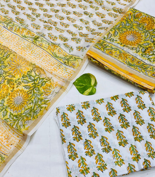 Hand Block printed Pure Chanderi Silk Suit Set