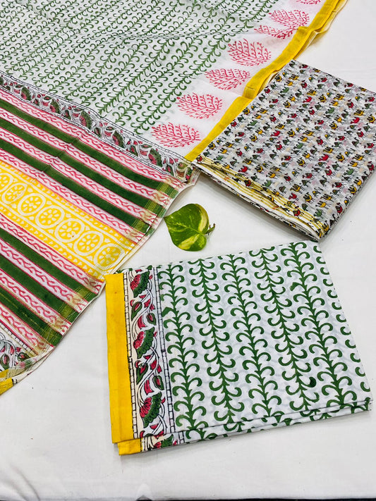 Hand Block printed Pure Chanderi Silk Suit Set