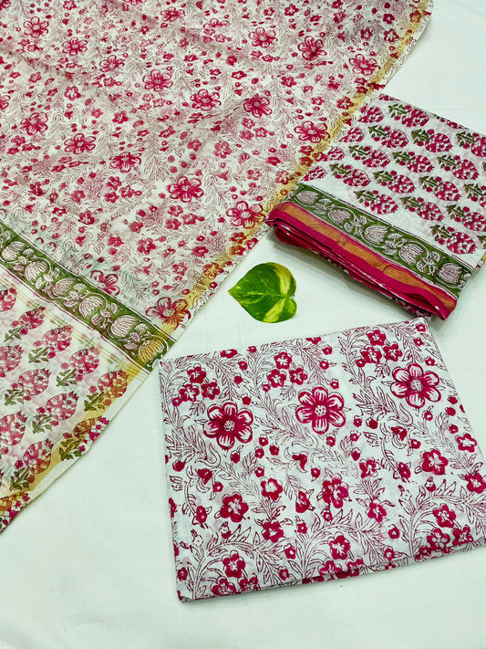 Hand Block printed Pure Chanderi Silk Suit Set
