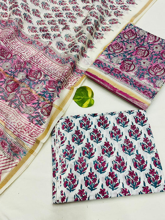 Hand Block printed Pure Chanderi Silk Suit Set