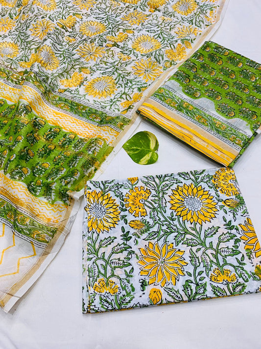 Hand Block printed Pure Chanderi Silk Suit Set